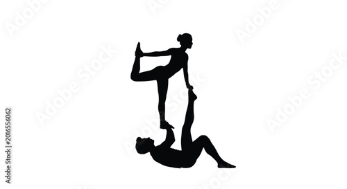 Acrobatic pair performing a balance pose black silhouette