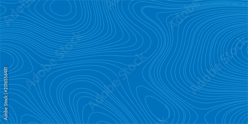 Blue topographic map background with abstract contour lines for geography and cartography design. Light blue contour lines on a solid blue field.