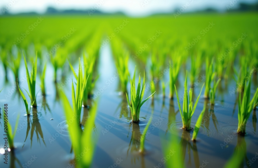 Obraz premium Young rice plants grow in flooded paddy field. Rows of green sprouts emerge from water creating lush agricultural landscape. Natural farming scene symbolizes growth and sustenance.