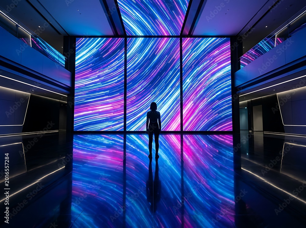 Fototapeta premium Silhouette person stands before a large digital display with abstract light streaks