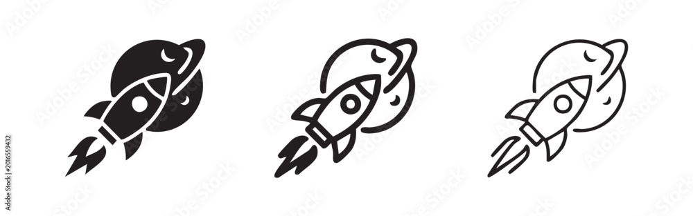 Obraz premium Rocket Ship Launch Orbiting Planet Icon Set for Space Exploration