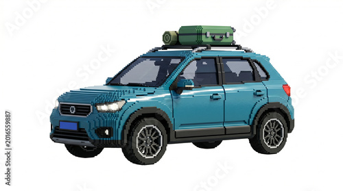 Pixel art of a blue SUV car with green luggage on roof rack, built with 3D blocks, isolated on white background.