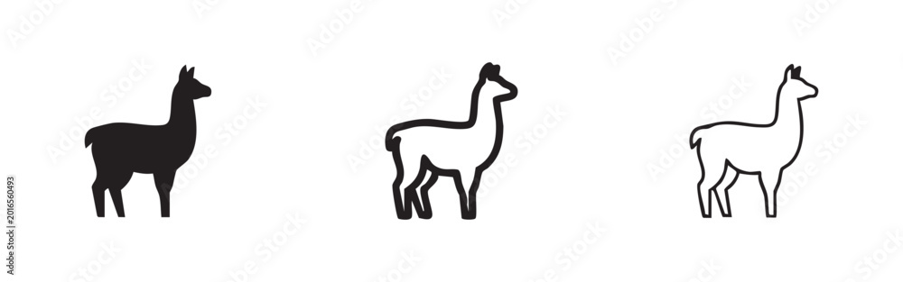 Fototapeta premium Llama icons set. South American animal symbol in solid, outline, and linear style.