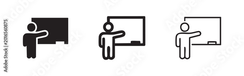 Photos Icons of a teacher or presenter at a whiteboard in three styles: solid black, outlined black, and outlined white