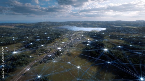 A sprawling landscape viewed from above seamlessly overlaid with a glowing digital network symbolizing global connectivity and data streams