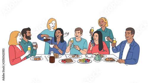 Diverse group of people eating together.