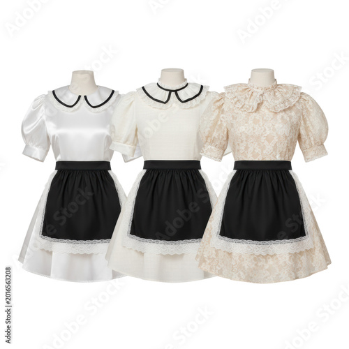 Three vintage french maid costumes on ghost mannequins, featuring lace aprons and ruffled collars in a minimalist studio setting, classic fashion retail atmosphere