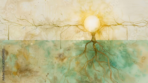 Watercolor depiction of a tree with a luminous orb at the center, stylized roots and branches
