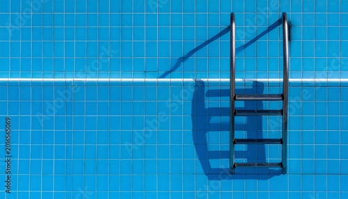 Pool ladder casting geometric shadows on blue tiles