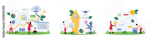 Financial analytics with AI help, economic growth analysis set. Tiny people with light bulb and calculator study up graph arrow, robot holding gear and report of pie chart cartoon vector illustration