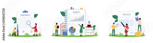 Accounting, accountants evaluation set. Tiny people research financial invoice, contract on clipboard and audit report document with calculator and magnifying glass cartoon vector illustration