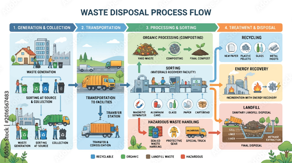 Obraz premium Comprehensive infographic of the waste disposal process flow showing segregation, collection, transport, treatment and final disposal steps.