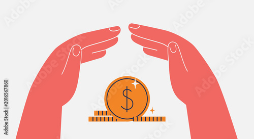 Two hands protect stack of money. Insurance of pension and investment. Banking and safety of financial occupation. Guarantee and security in business. Vector illustration