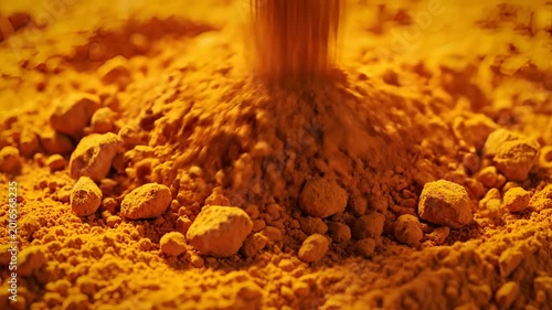 Closeup of vibrant orange turmeric powder being poured.