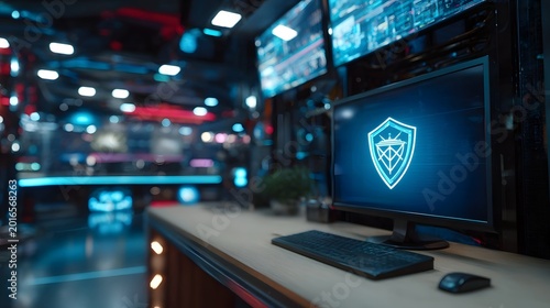 A high tech workstation displays a glowing shield icon symbolizing digital security and advanced data protection in a futuristic command center