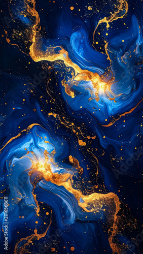 Luxurious Blue and Gold Fluid Marble Texture with Glowing Metallic Streams for Premium Branding Backgrounds