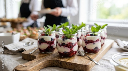 Individual parfaits with fresh mixed berries, creamy yogurt, and mint. Served at elegant catering events, ideal for healthy, refreshing buffet desserts.