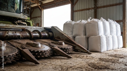Combine harvester header and bulk bags for grain storage in a rustic barn. Symbolizes agricultural readiness, harvest efficiency, and farm supply.