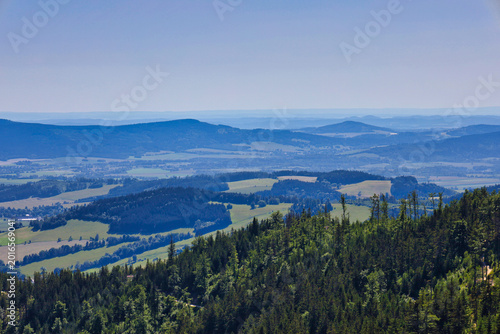 Photos Panoramic mountain landscape with forests and patchwork fields; Dolni Morava, Su