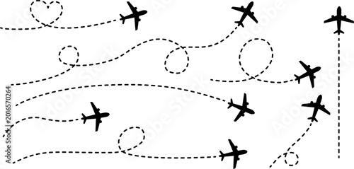 Fotografía Multiple airplane flight paths collection, various aircraft silhouettes with das