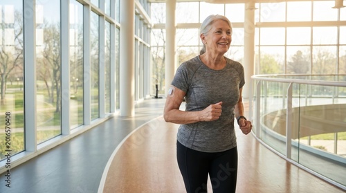 Smiling senior woman jogging on an indoor track wearing a continuous glucose monitor patch on her arm
