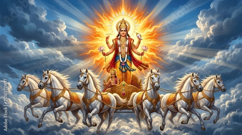 Surya Dev Hindu Sun God on White Horse Chariot with Charioteer Aruna in Dramatic Sky