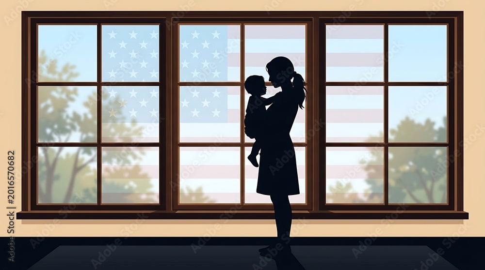 Fototapeta premium Vector silhouette of a mother and child standing in front of a window with a subtle American flag reflection