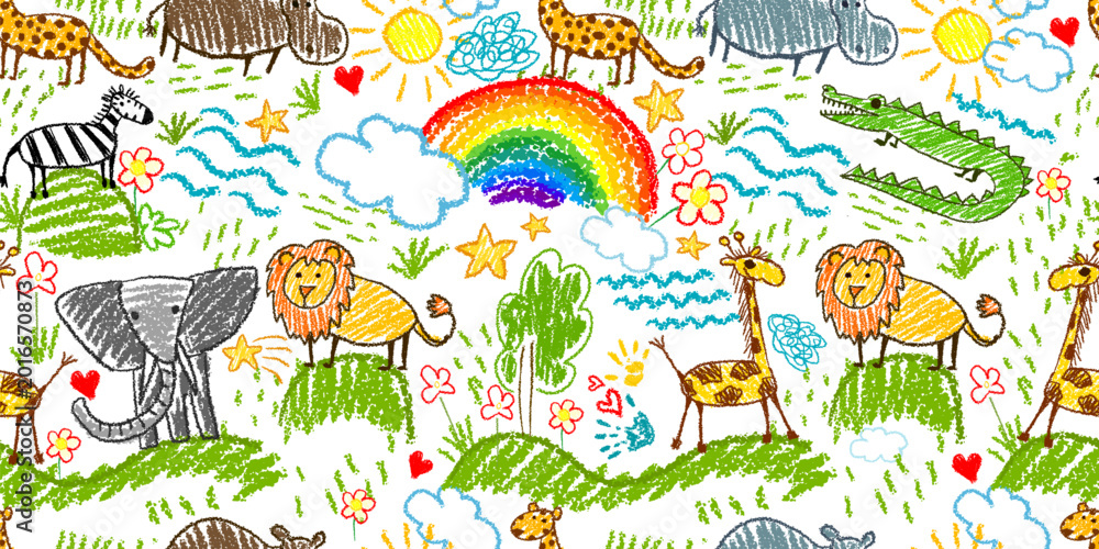 Fototapeta premium Seamless rainbow pattern children's drawings of African animals. Hand drawn. Not AI, vector illustration.