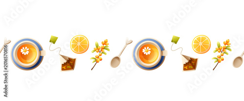 Foto Tea time seamless border with cups and lemon slices