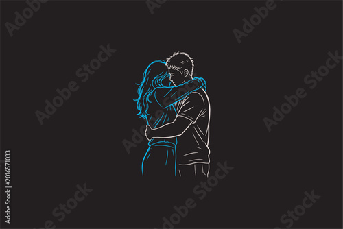Romantic couple hugging neon line art illustration on dark background, emotional love concept with modern glowing outline style for poster, wallpaper, and design. Vector illustration.