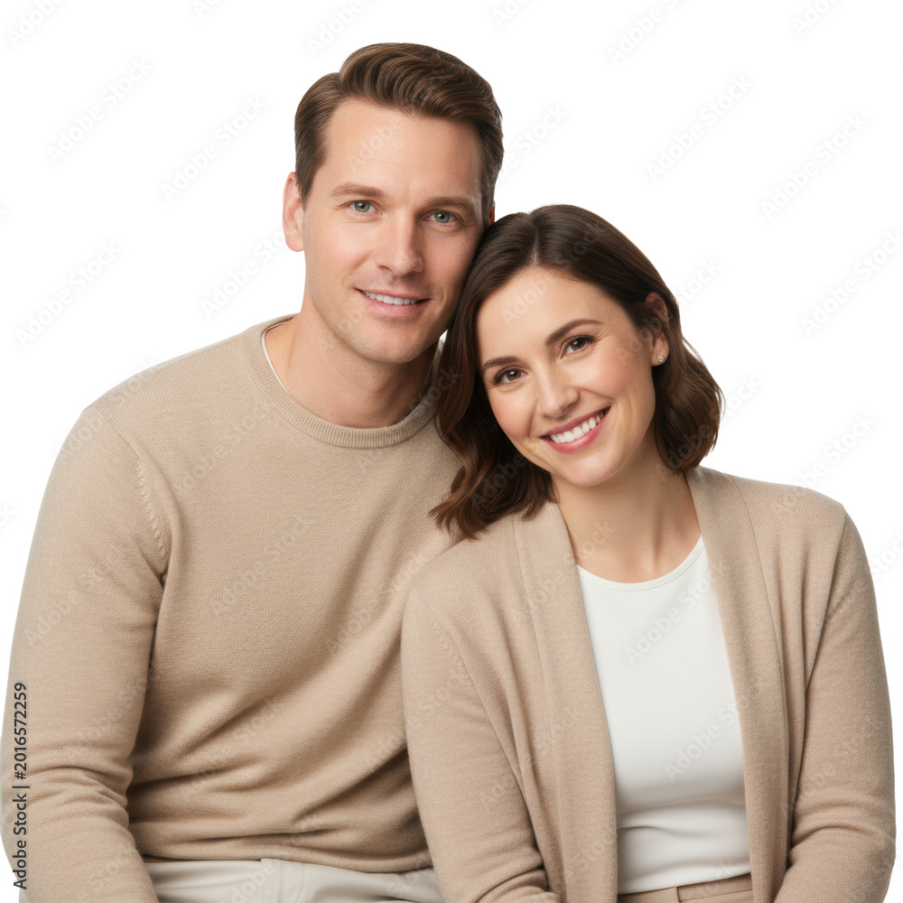 Fototapeta premium Caucasian man in beige sweater and woman in white top posing together against a white studio background, conveying an atmosphere of enduring love and togetherness