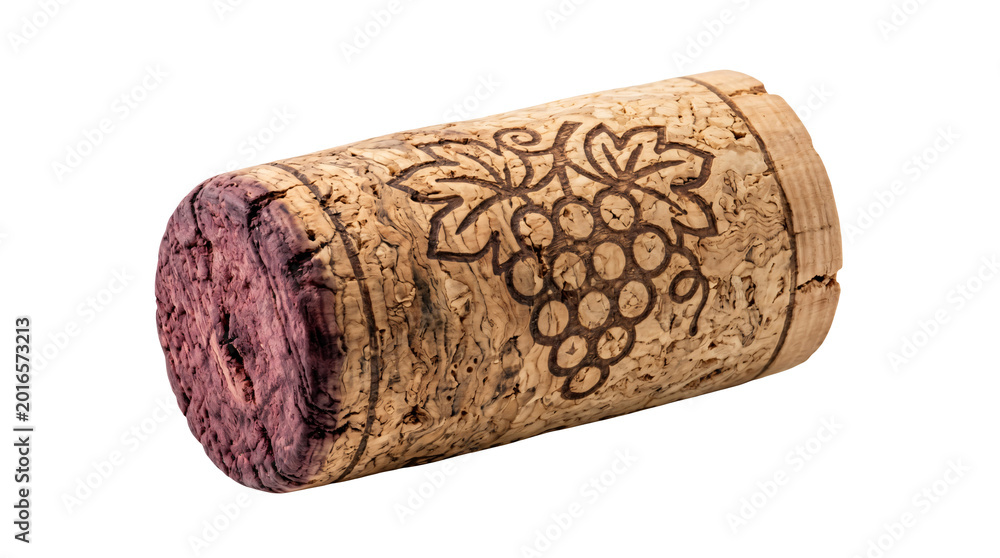 Fototapeta premium Natural wine cork with grape engraving and red wine stain, textured wooden bottle stopper, isolated cork on white background