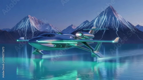 Futuristic aircraft over water with mountain range