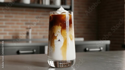 Iced coffee beverage layered milk and espresso with whipped cream