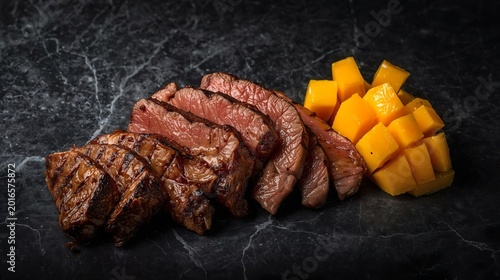 Perfectly grilled sliced steak alongside vibrant mango cubes on dark marble stone. Dramatic side lighting, rich textures. Premium gourmet food concept for restaurant and menu use.
