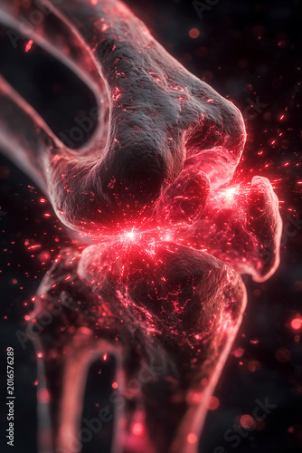 Detailed view of a human knee joint showing acute red pain and inflammation. Conceptual anatomy for orthopedic health, arthritis, and joint injury medical themes on dark background
