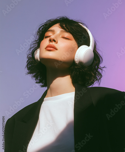 Beautiful young woman wearing white wireless headphones listening to music with closed eyes. Stylish girl in black jacket on purple background. Concept of relaxation and audio enjoyment