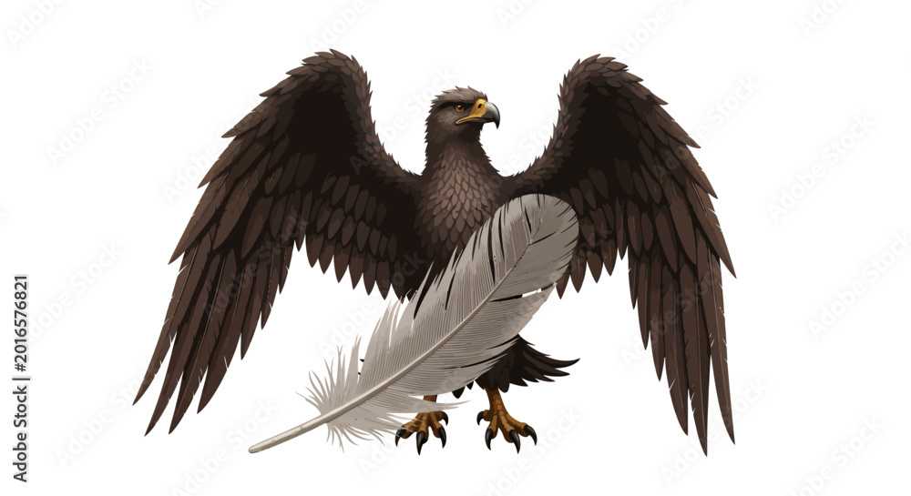 Obraz premium Brown eagle with spread wings and white feather isolated