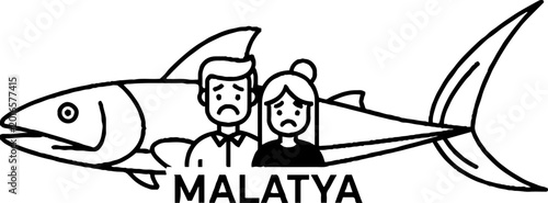 Sad couple with shark outline and city name text