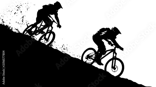 Two mountain bikers racing downhill on a steep dirt trail kicking up dust and spray