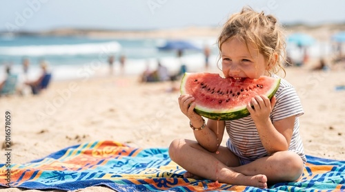 Happy young girl eating juicy watermelon slice on a sunny beach vacation