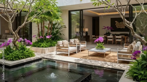 Outdoor lounge area with water feature and lush greenery