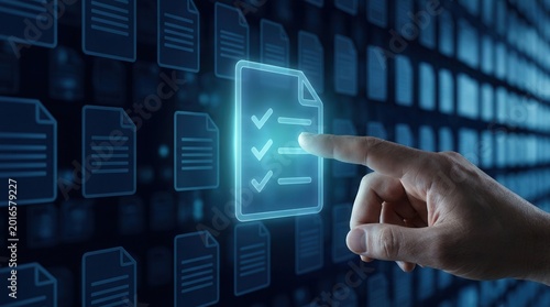 Digital document management and business compliance concept with file icons and checkmarks.