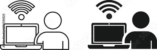 Photos Wireless connection icon set person with laptop and wifi signal