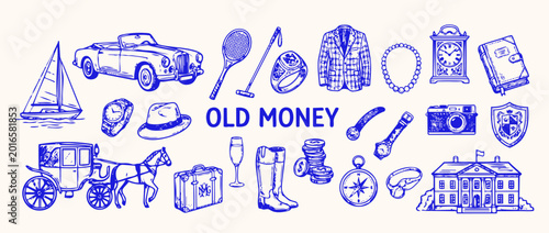 Foto Collection of Old-Money Essentials: A collection of vintage sketches representing symbols of affluence and refined taste, from classic car to antique watch