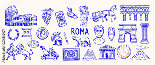 Canvastavla Ancient Rome in Iconography: A collection of iconic imagery of Ancient Rome, presented in a hand-drawn style, encapsulates the architectural marvels, cultural artifacts