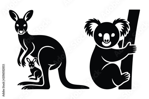 Photos Silhouette of kangaroo with joey and koala clinging to eucalyptus tree, kangaroo