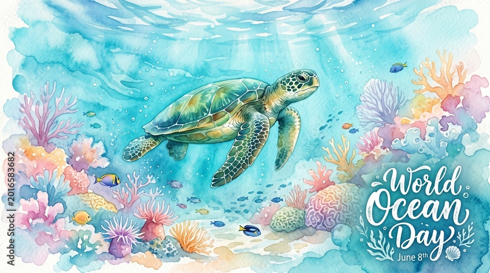 Fototapeta premium Sea turtle swimming among colorful corals celebrating World Ocean Day. 