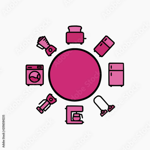 A Circular Array of Various Home Appliances in a Pink Color Scheme