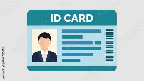 Illustration of a man's ID card with a barcode and personal details in a teal and blue color scheme on a gray background